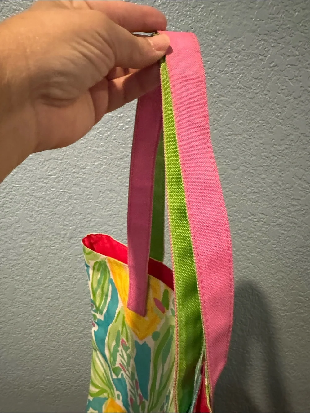 Lilly Pulitzer Turquoise Lemon Print Canvas Tote with Pink Straps